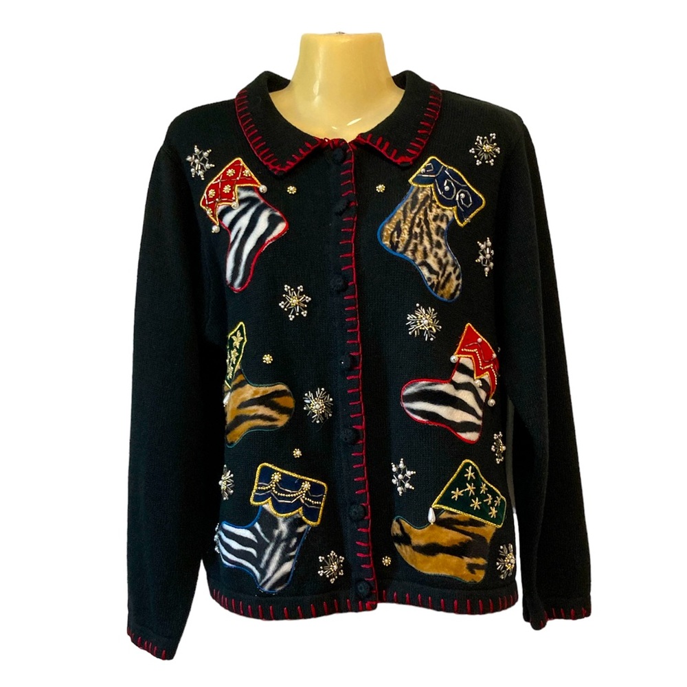 Nutcracker Christmas Novelty Cardigan Sweater Stockings Animal Print Vintage Med